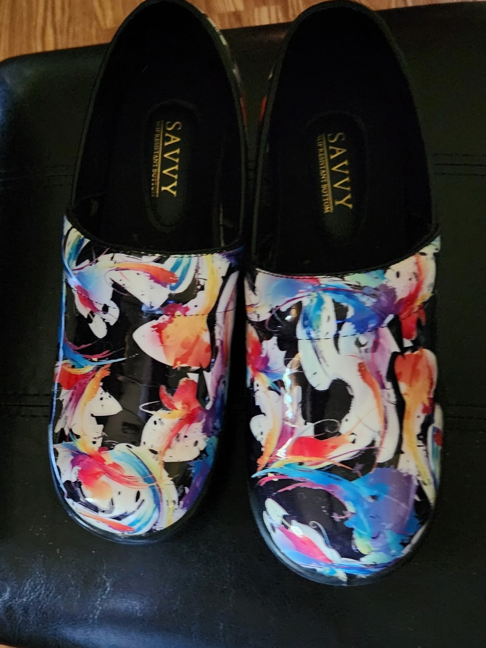 Savvy Black Patent Mules with Multicolor Abstract Swirls